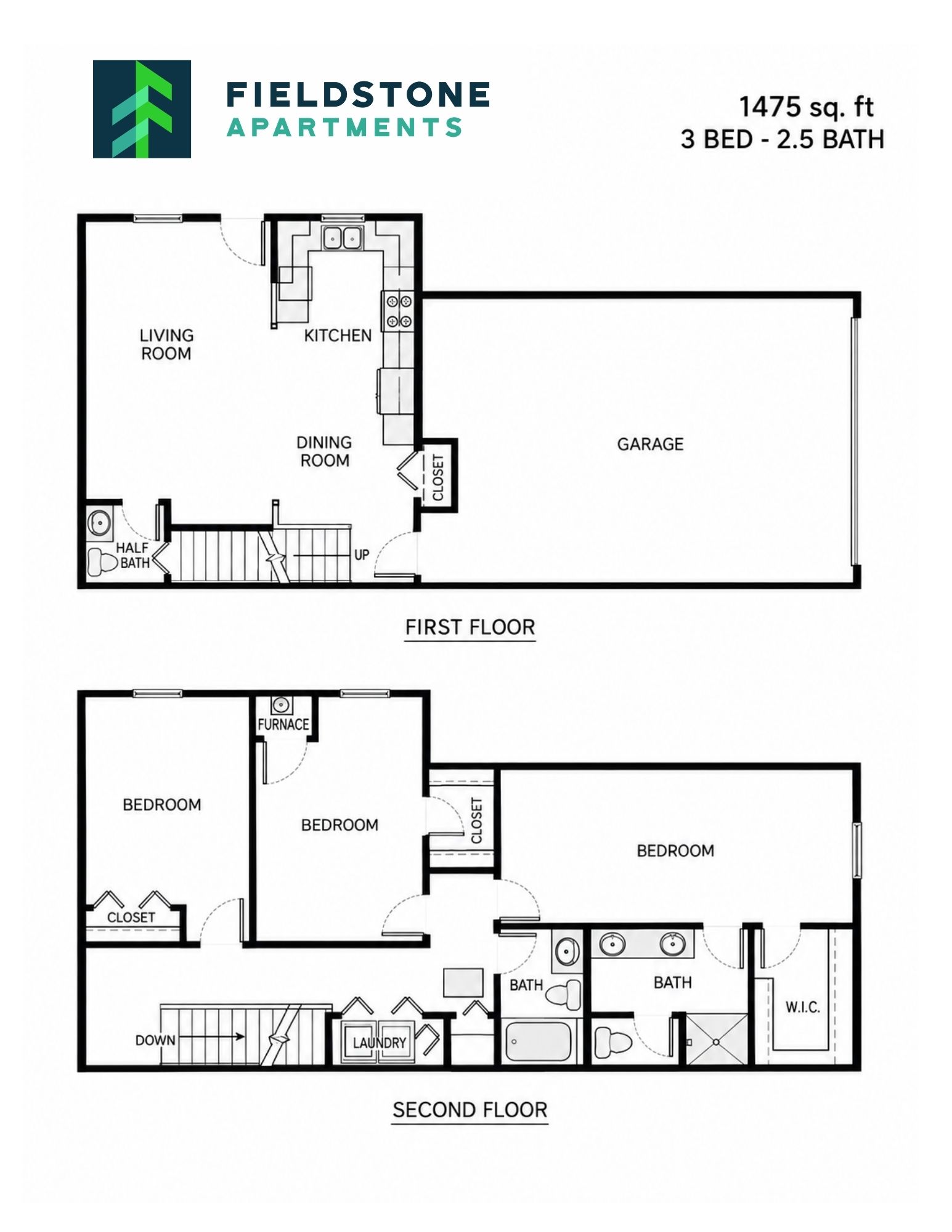 Floor plan for 3 beds, 2.5 baths, 1475 sqft